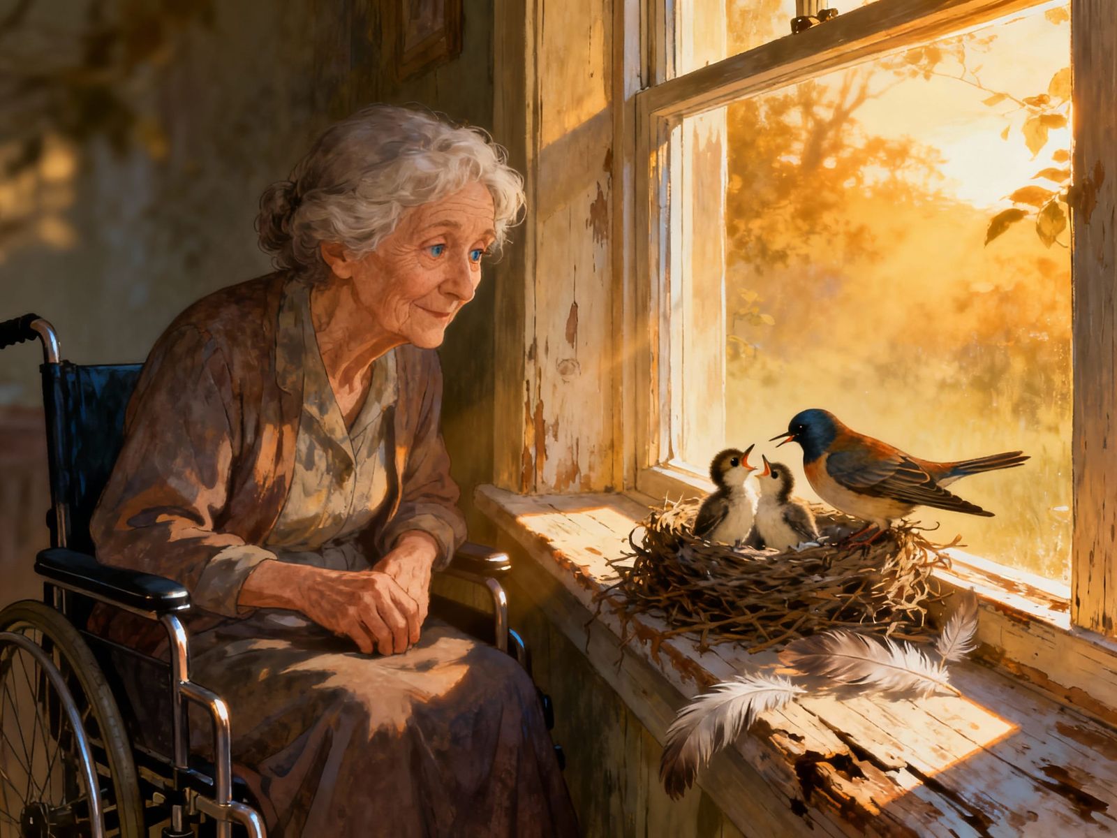 Elderly Woman Watches Bird Nest by Window
