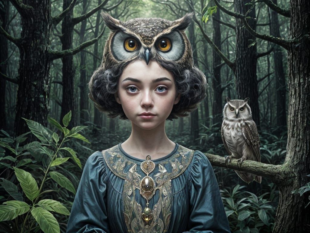 Owl Fairy Portrait in Luminescent Forest
