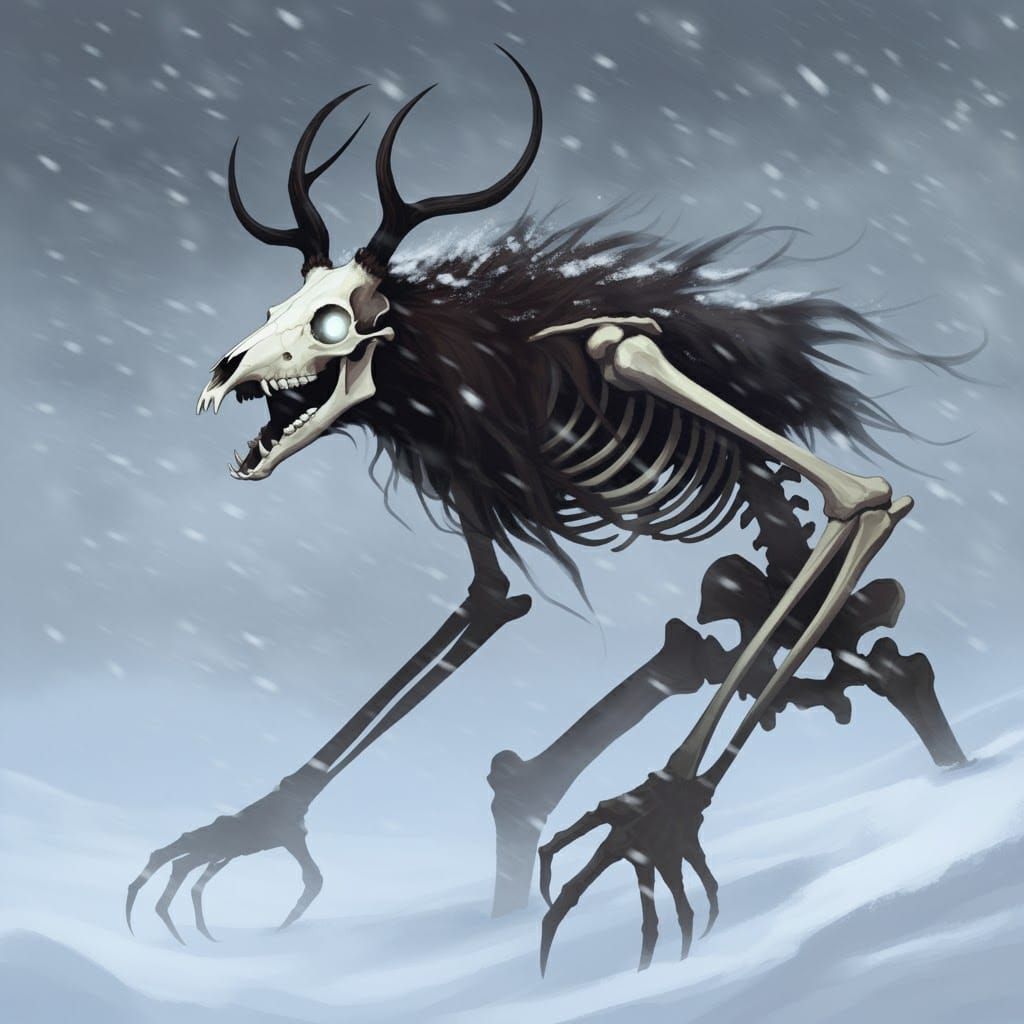 Eerie Wendigo Howling in Blizzard: Minimalist Art