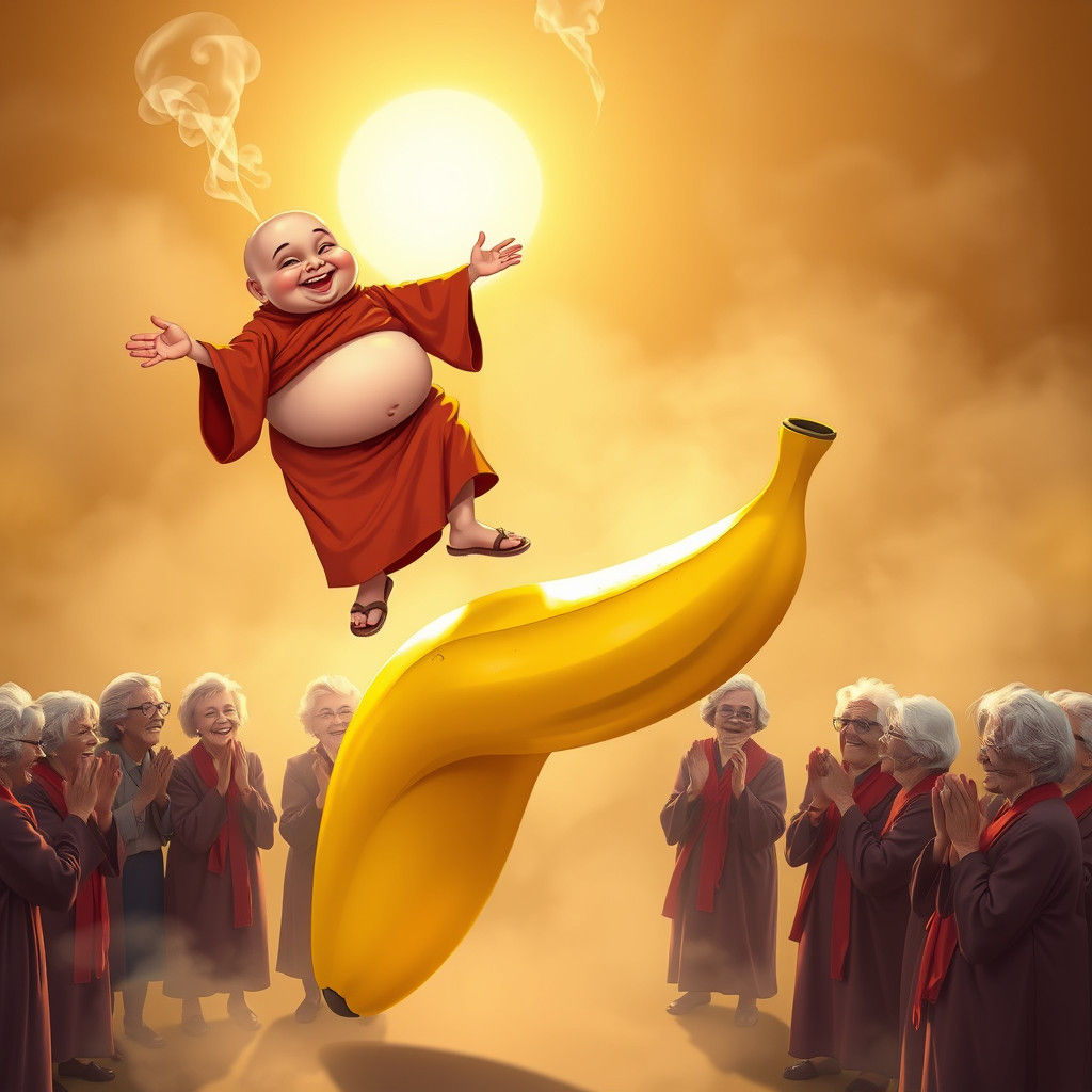 Monk Balances on Banana in 90s Sitcom Style