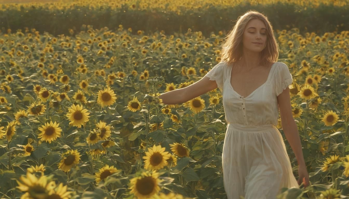 Woman Dancing in Sunflower Field at Sunset