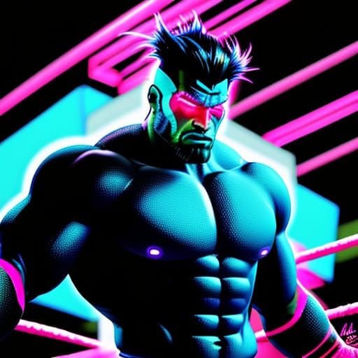 Wrestler in Neon Ring: Vibrant Digital Art