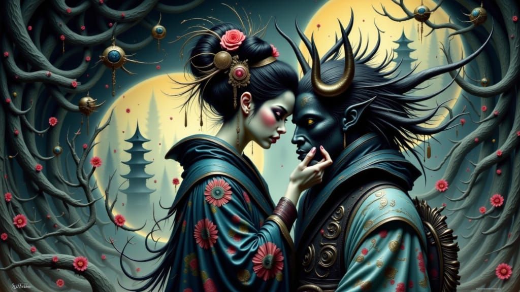 Geisha and Ghost Samurai in Art Deco Style