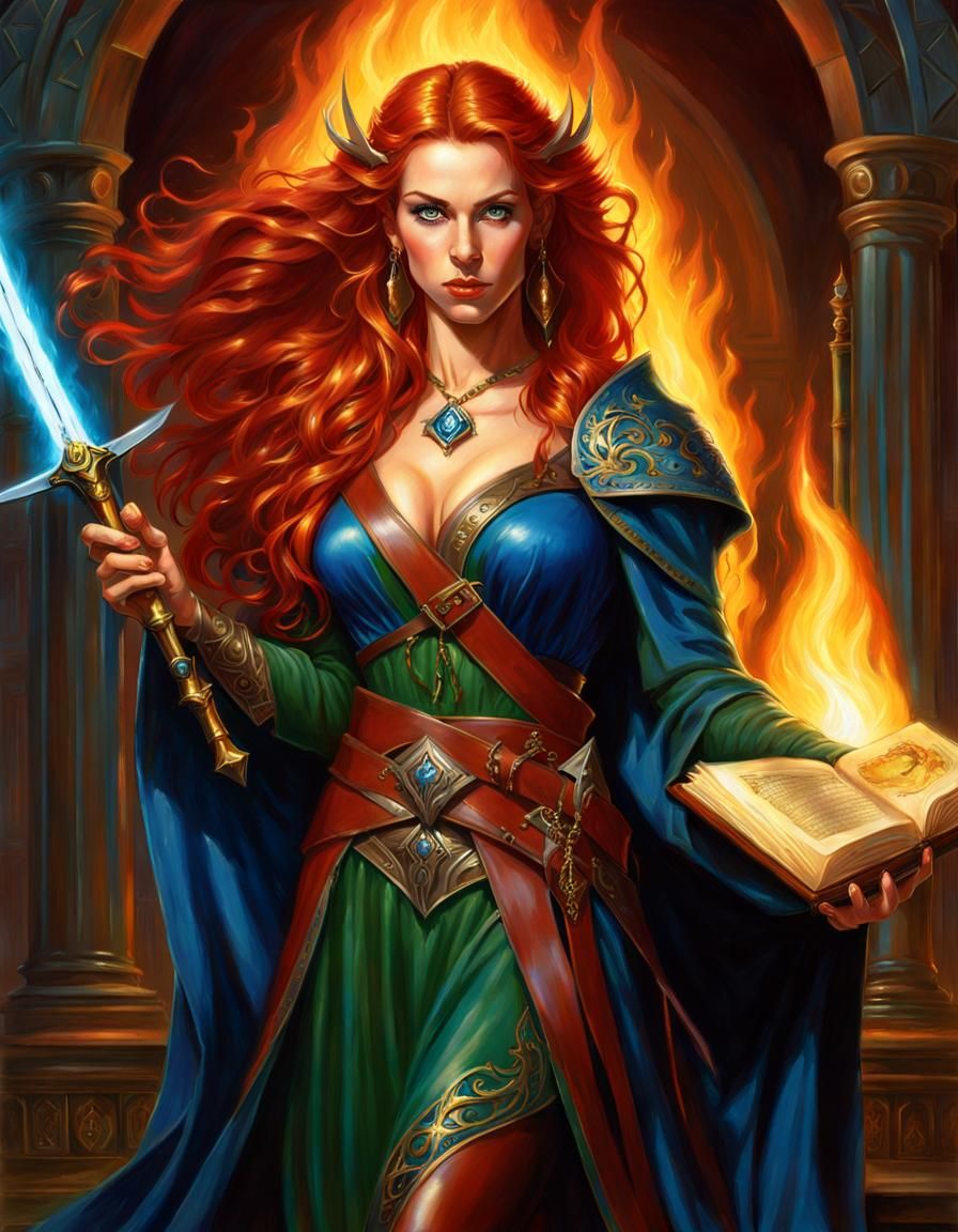Half-Elven Woman with Flaming Sword, Fantasy Art