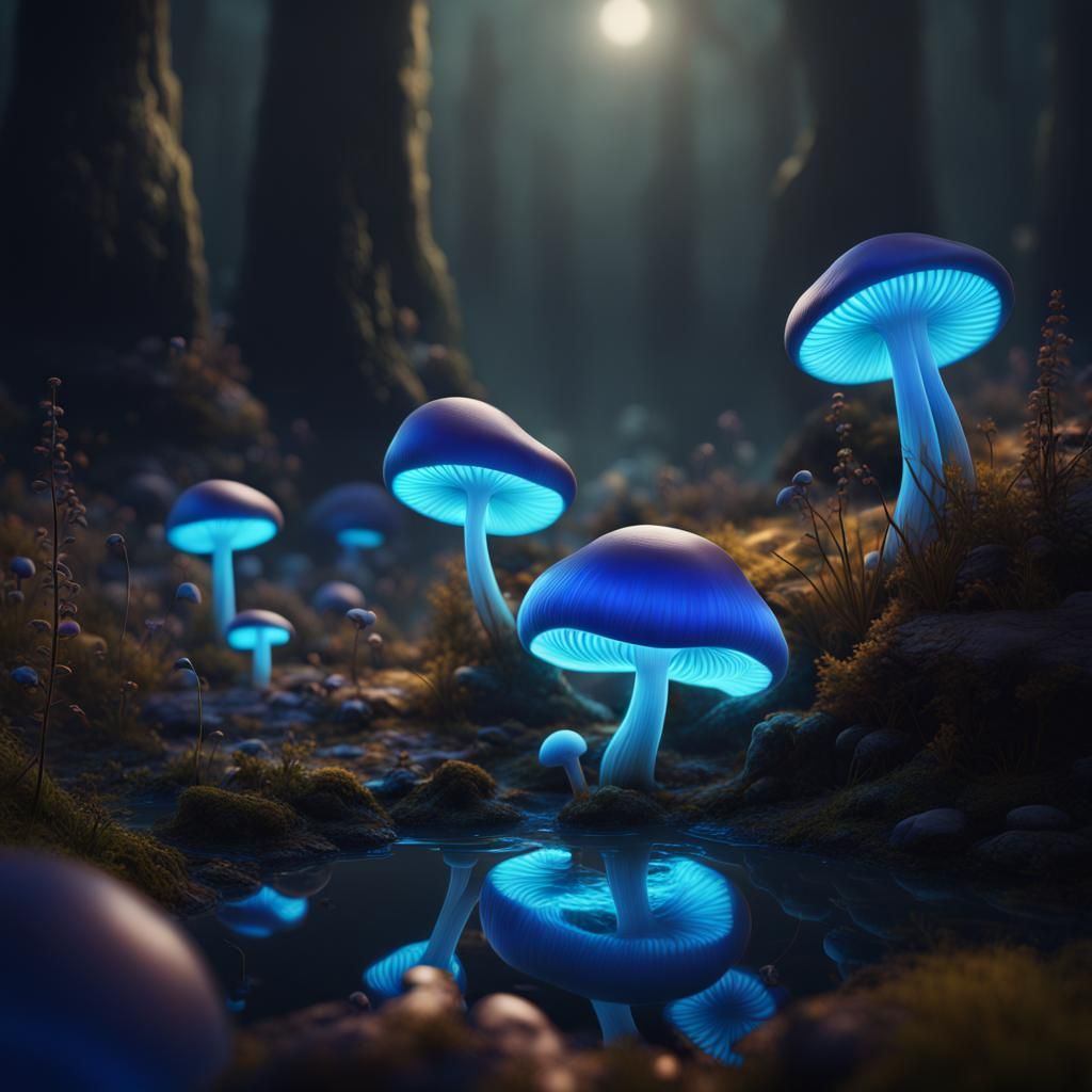 Bioluminescent Blue Mushroom: Detailed Matte Painting