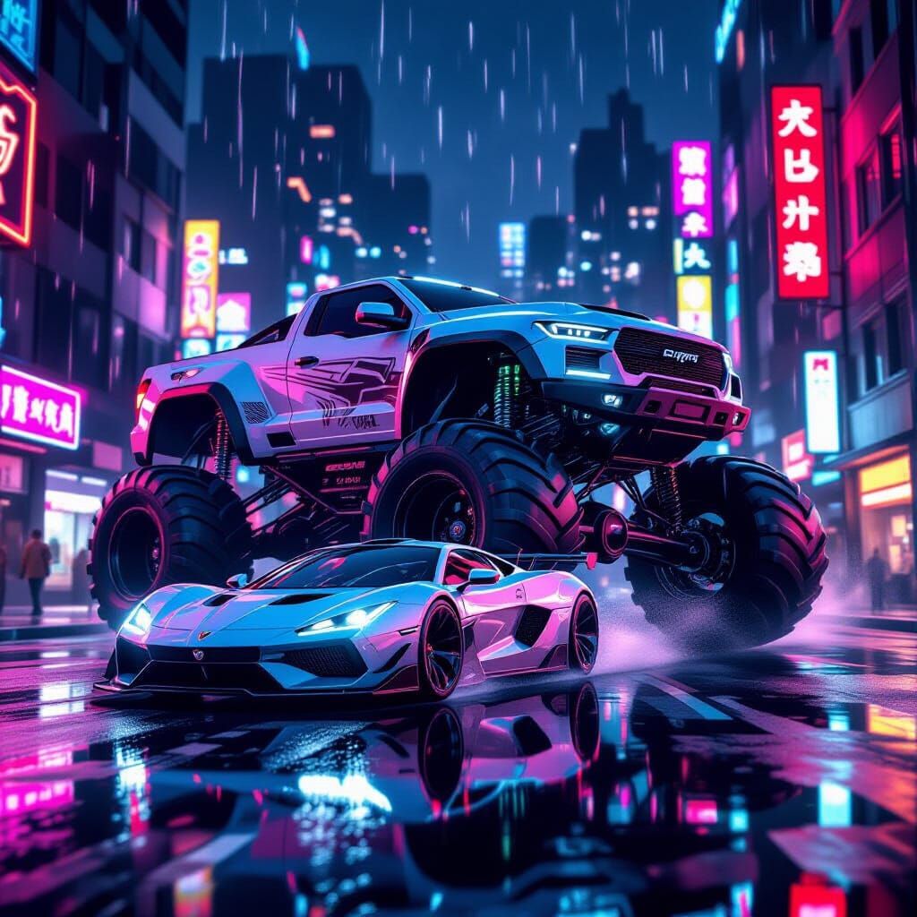 Futuristic Sports Car Races Monster Truck at Night
