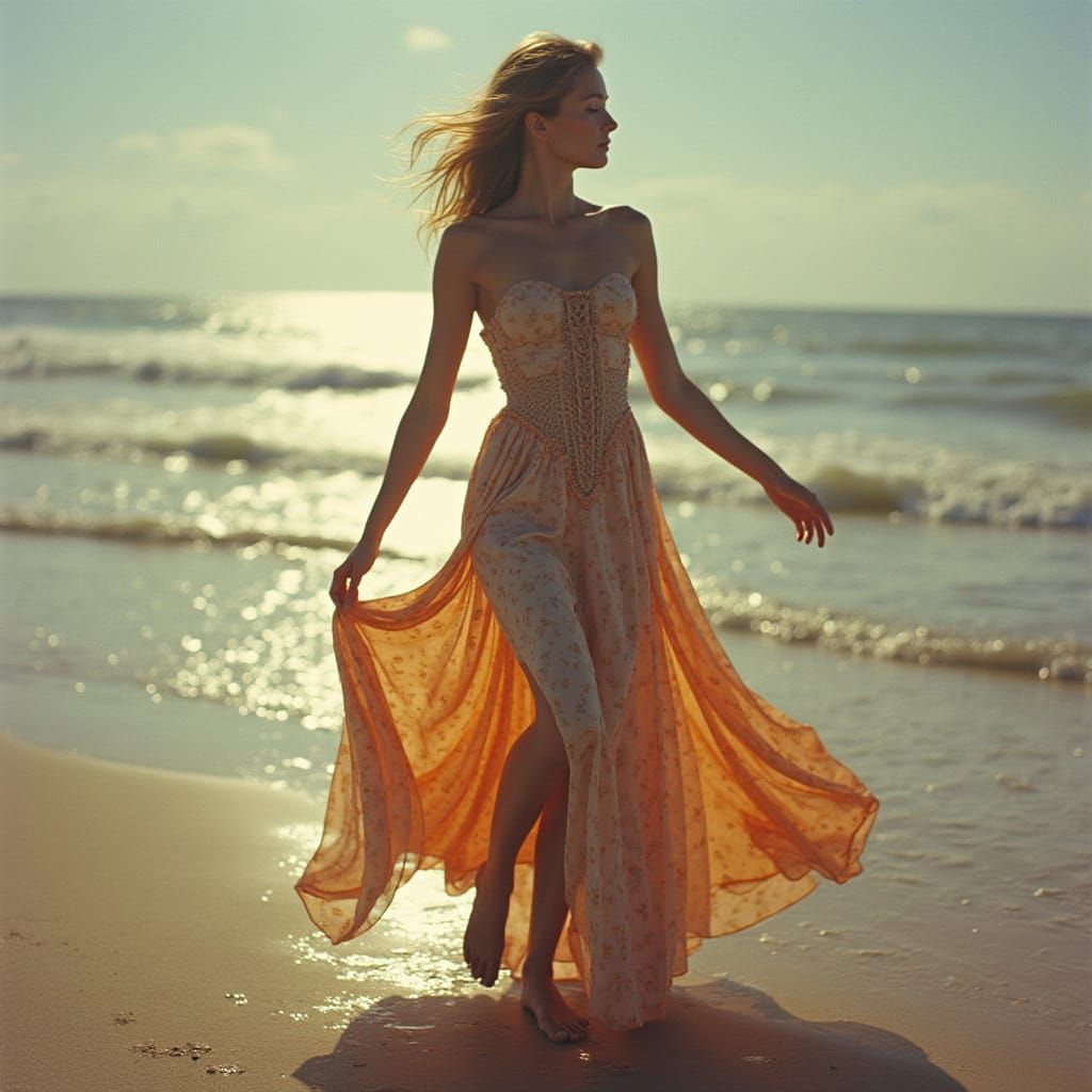 Rainbow Dress Woman Dances on Beach