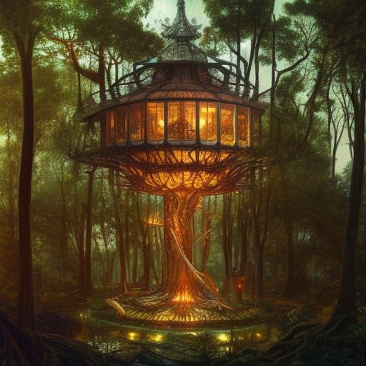Magic Sci-Fi Treehouse in Detailed Forest