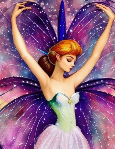 Cosmic Ballerina Fairy in Gouache Watercolor
