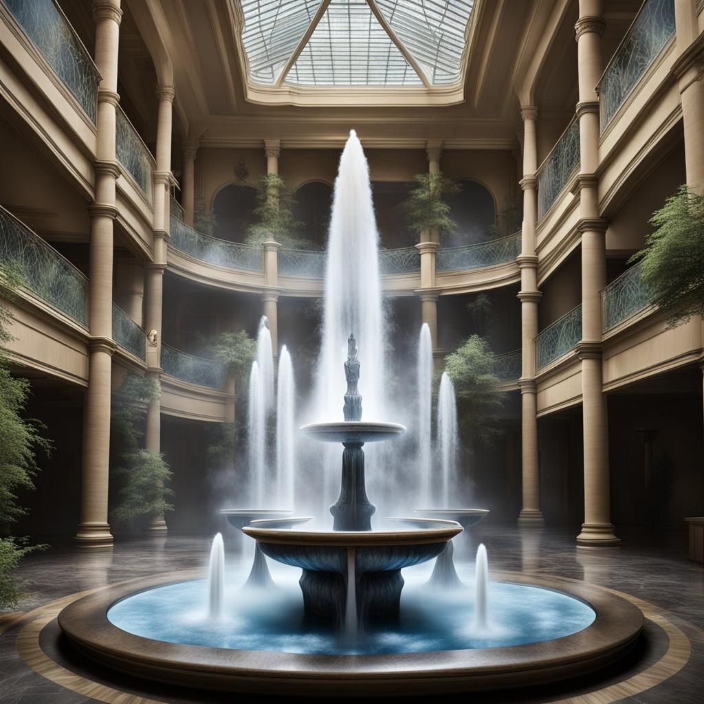 Fantasy Atrium: Water Fountains and Mythical Creatures