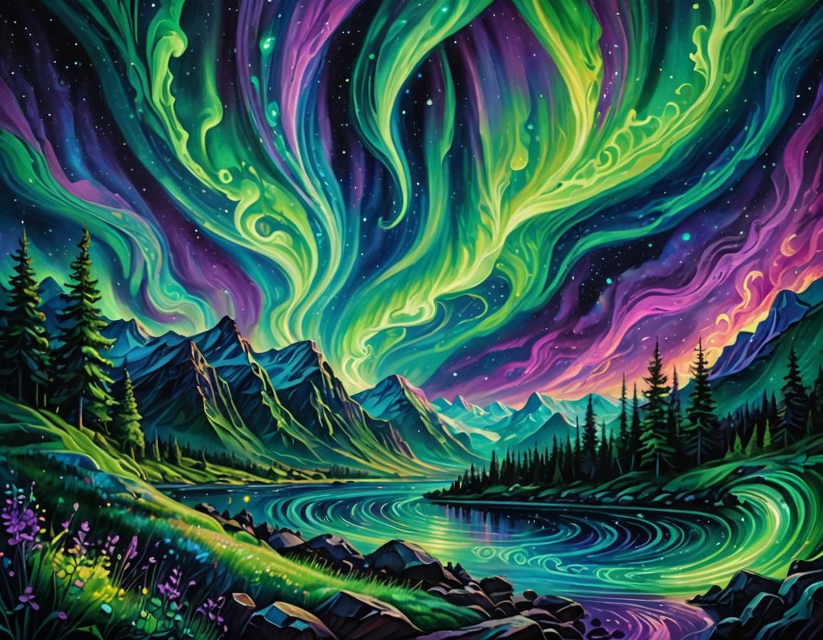 Northern Lights Dance in Surreal Cosmic Oil Painting