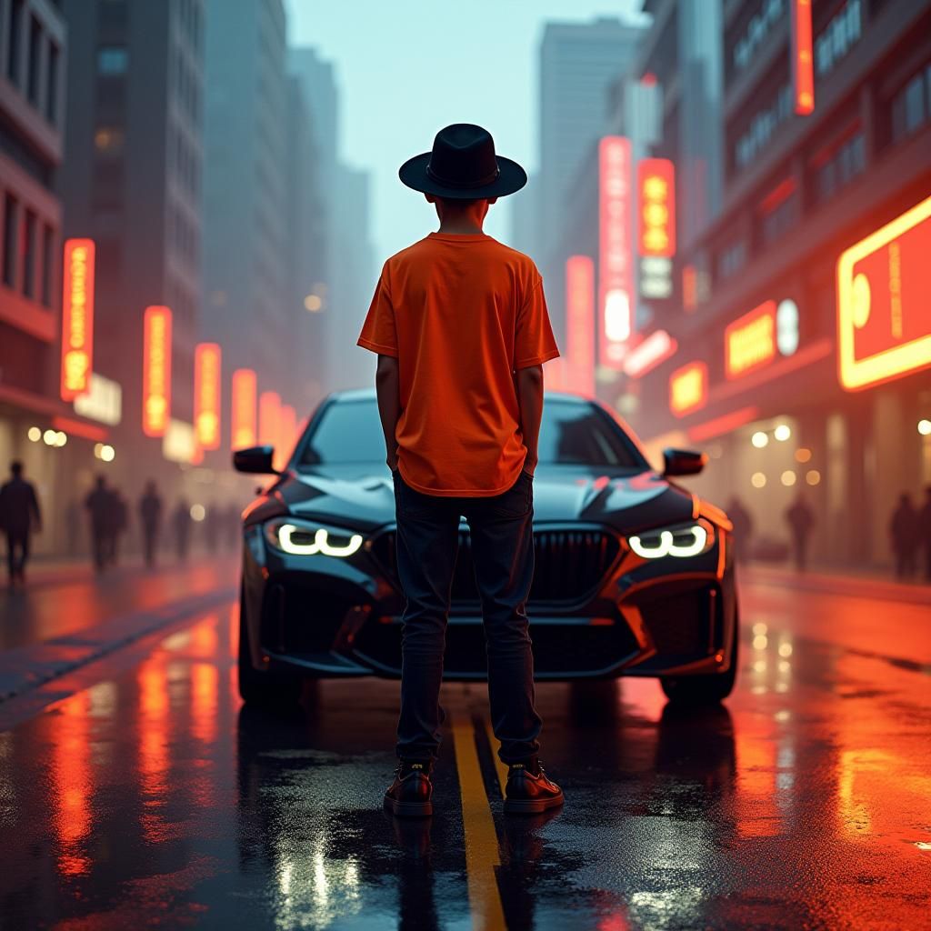Futuristic City Sunset: Boy with BMW in Neon Lights