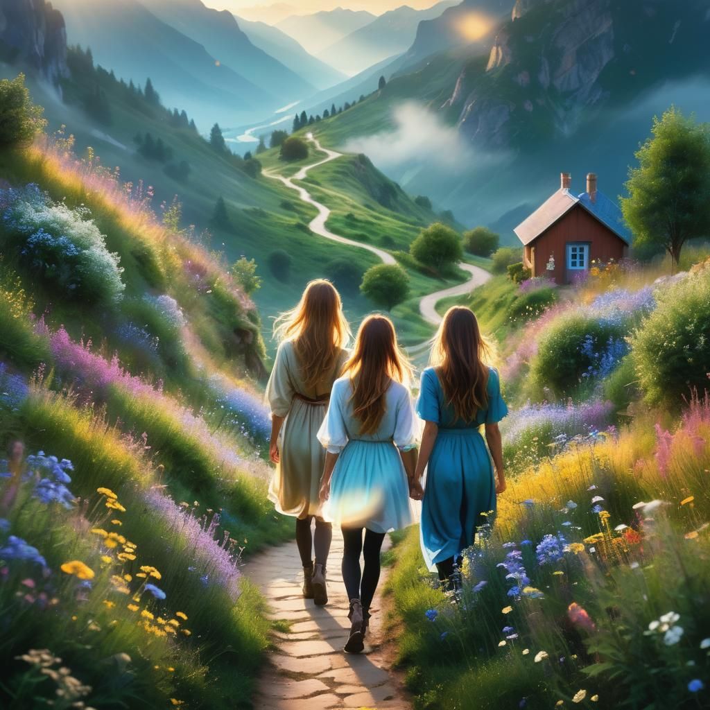 Dreamlike Fantasy Landscape with Girls on Winding Path