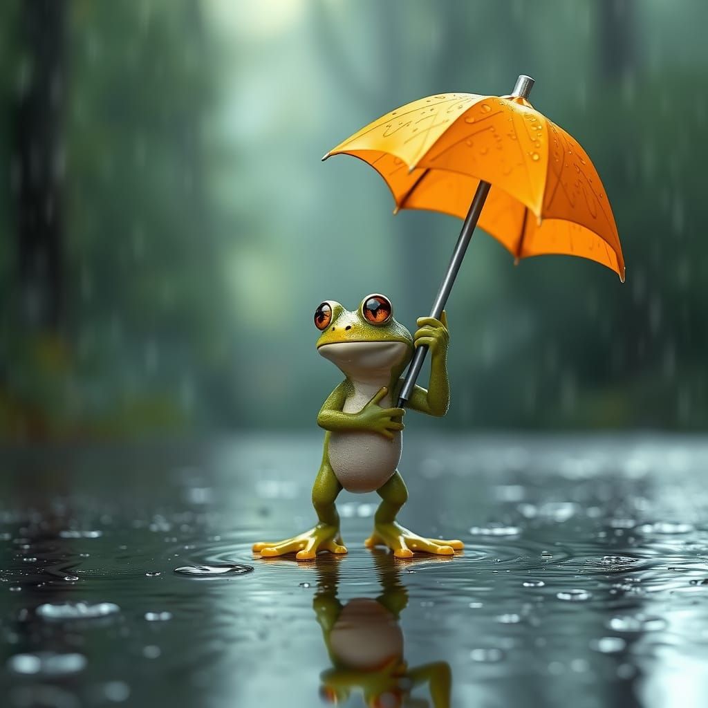 Green Frog with Umbrella in Dreamlike Watercolor Forest