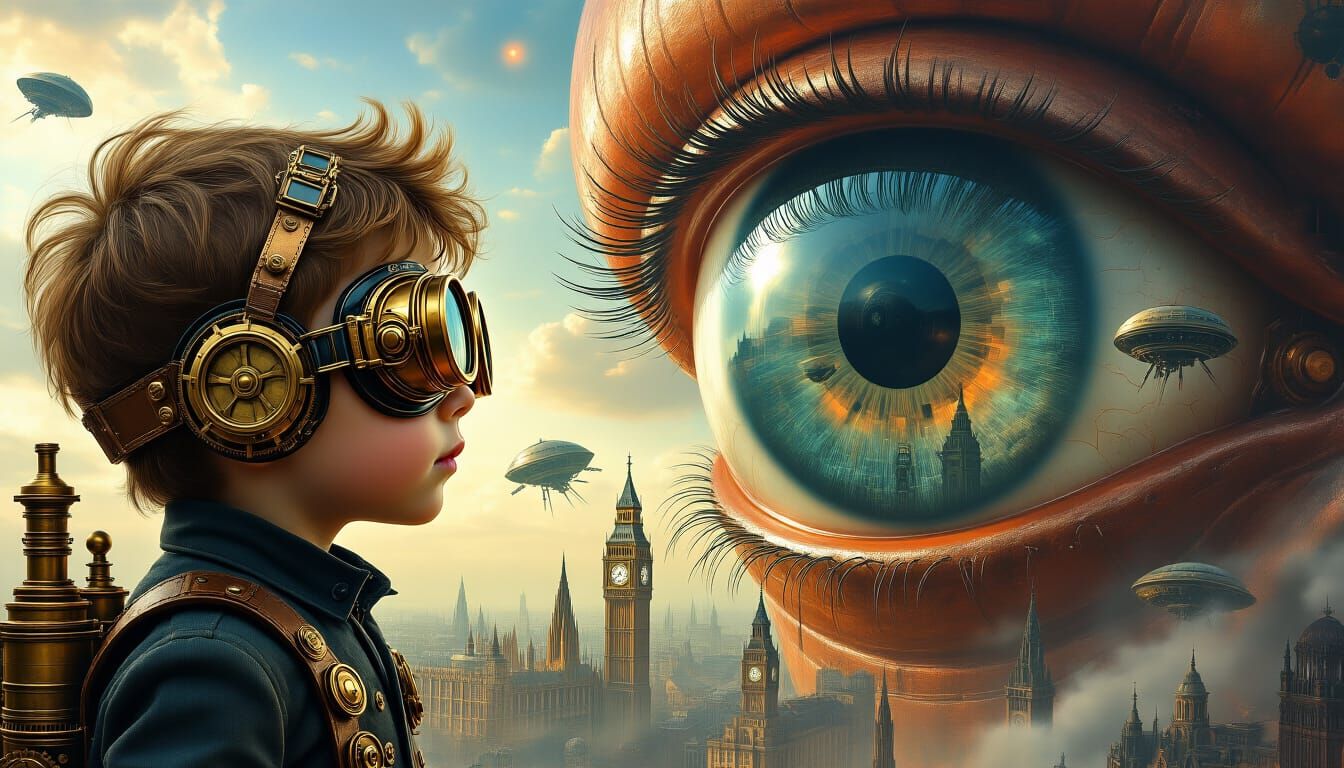 Steampunk Boy in Giant Eye Sees Martian Invasion of London