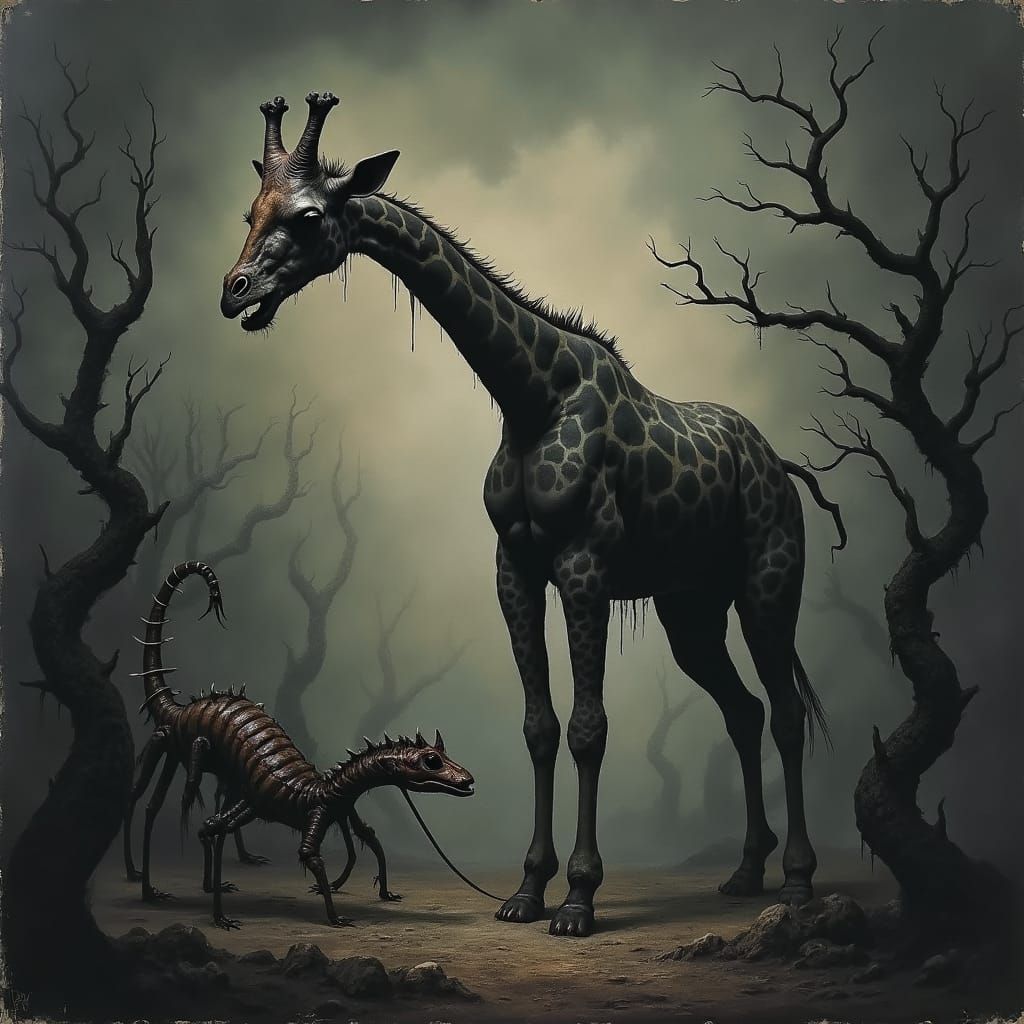 Surreal Giraffe-Scorpion Hybrid in Dark Landscape