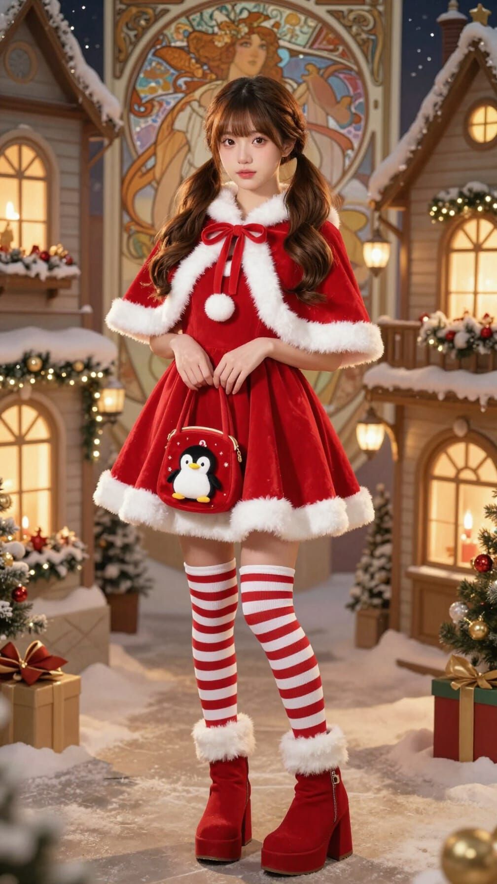 Petite Korean Woman in Santa Dress in Christmas Village