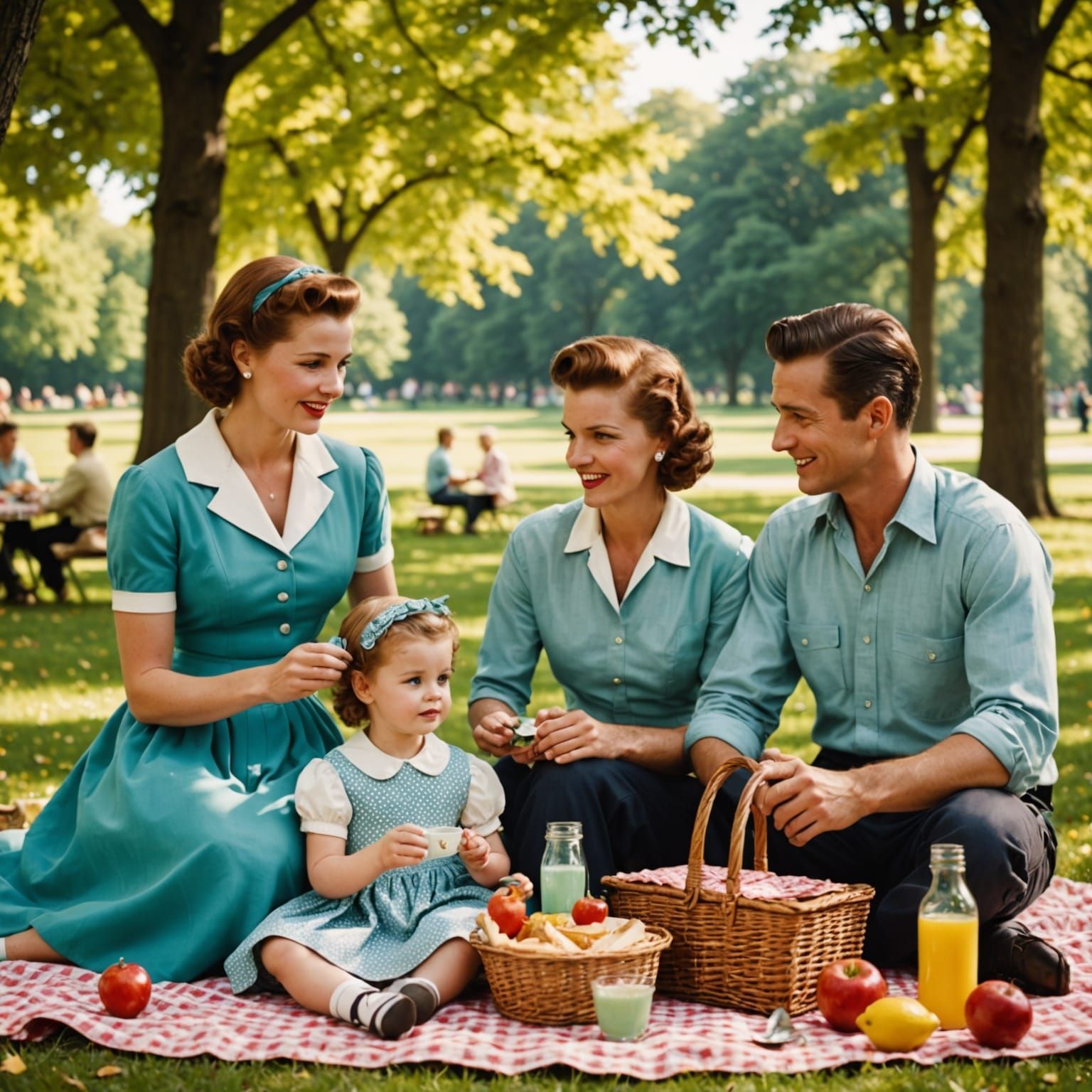 Vintage Family Picnic in a Park Scene