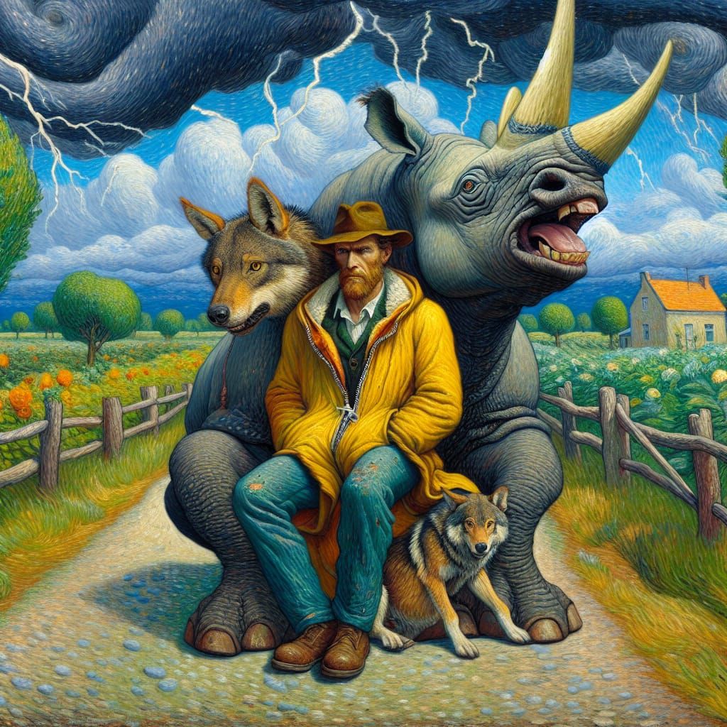 Surreal Rhinoceros Rider in Post-Impressionist Style