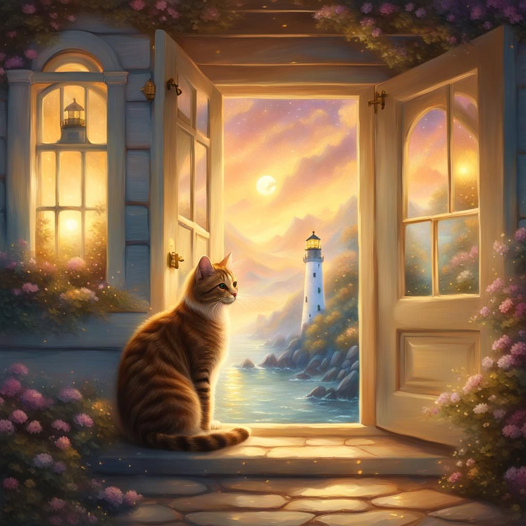 Cat in Lighthouse Doorway: Ethereal Fantasy Painting