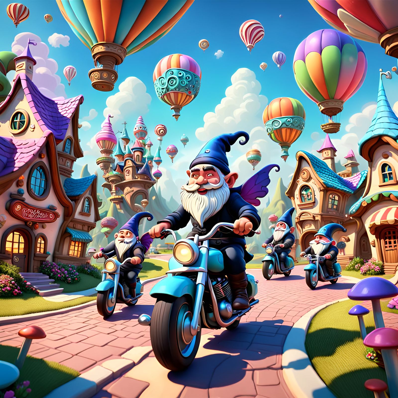 Gnomes on Harleys Visit Fairy Town: 3D Digital Art