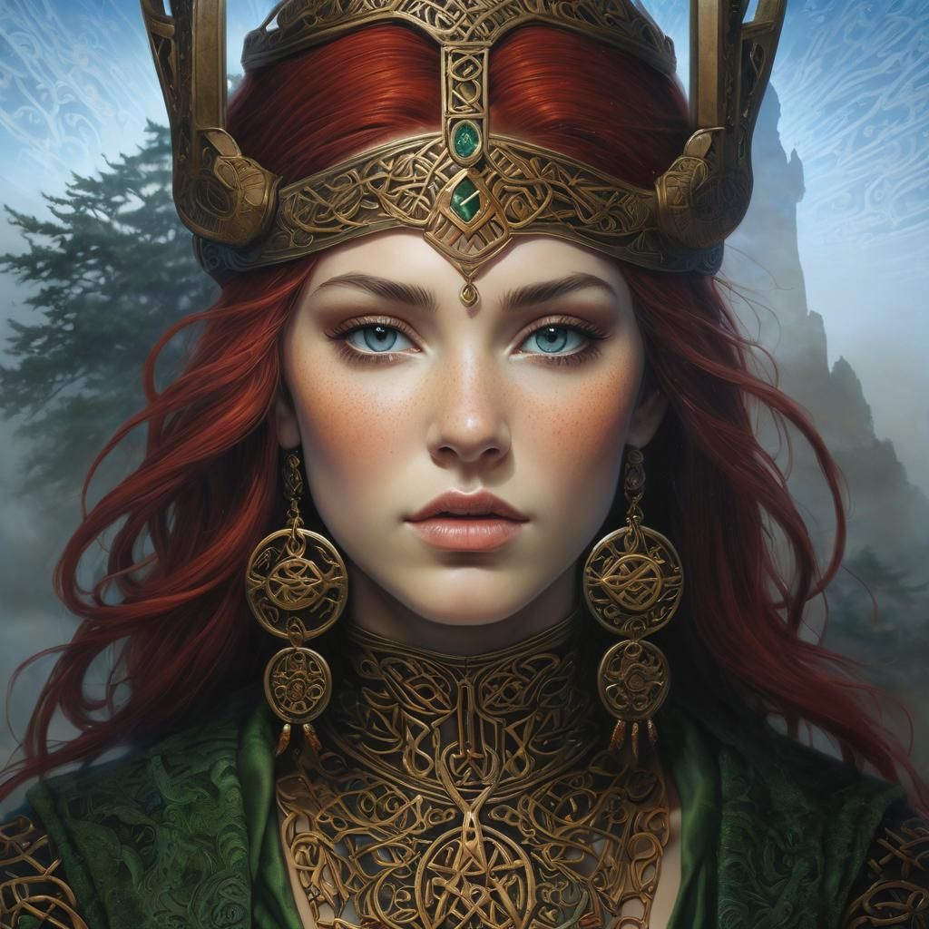 Celtic Goddess in Ethereal Fantasy Landscape with Ancient Ru...