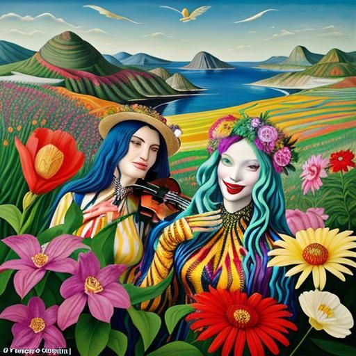 Whimsical Musicians in Colorful Utopia: Oil Painting