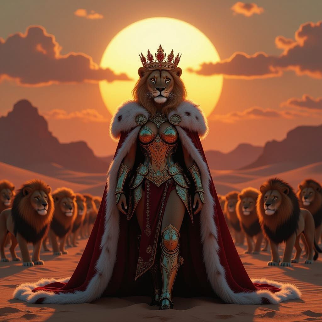 Majestic Lion Queen in Desert Kingdom Fantasy Art