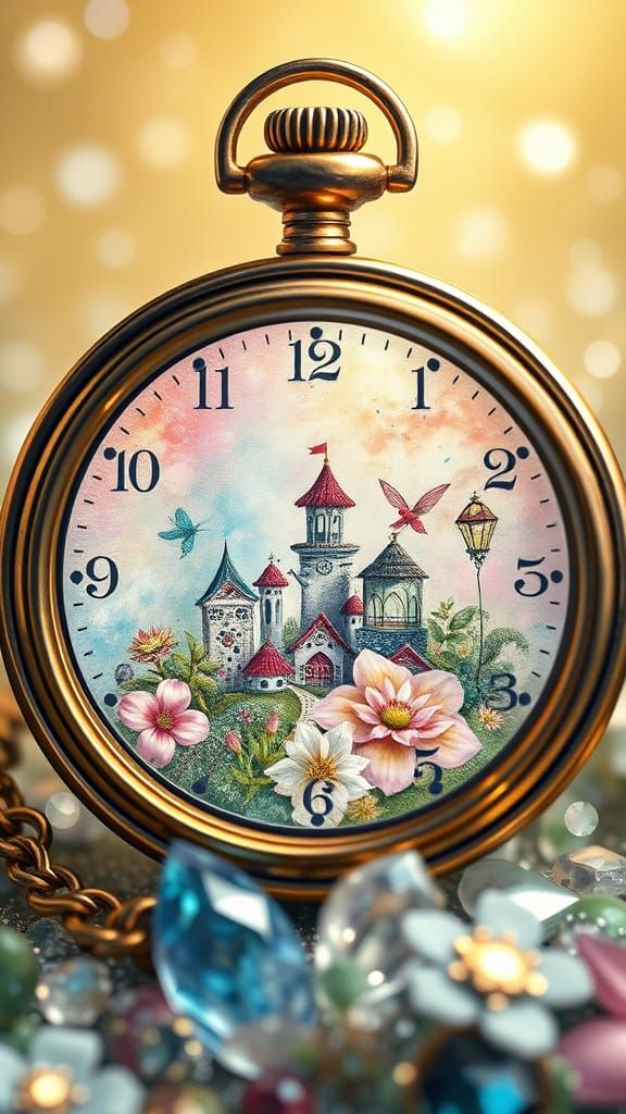 Fairy Village Inside Pocket Watch in Watercolor Style
