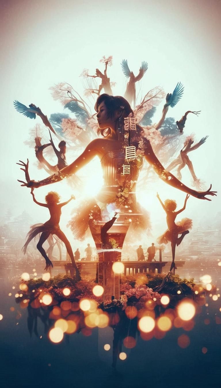 Sakura Tree with Japanese Temples: Art Nouveau Style