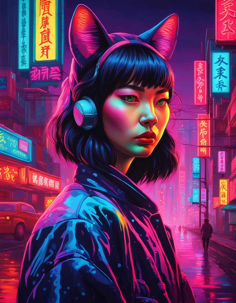 Neon Japanese Catgirl Portrait in Tretchikoff Style
