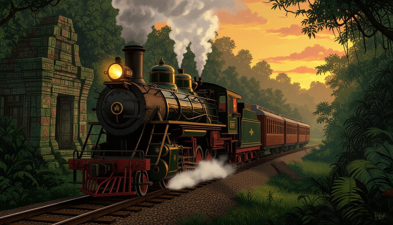 Golden Hour Jungle Train to Ancient Ruins