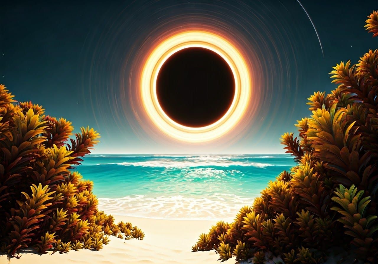 Surreal Beachscape with Swirling Black Hole Sun