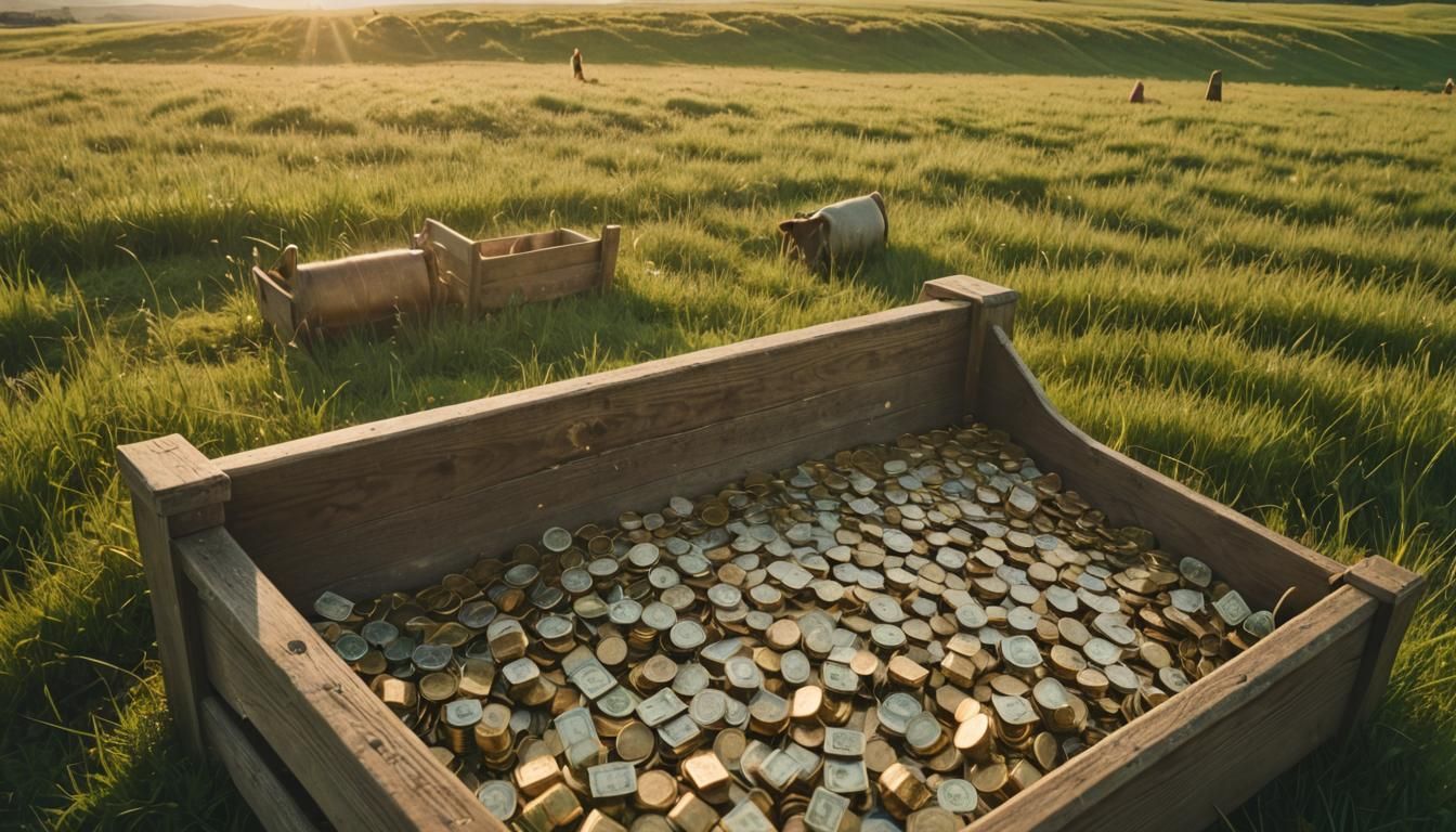 Feeding Trough Overflowing with Cash on Meadow