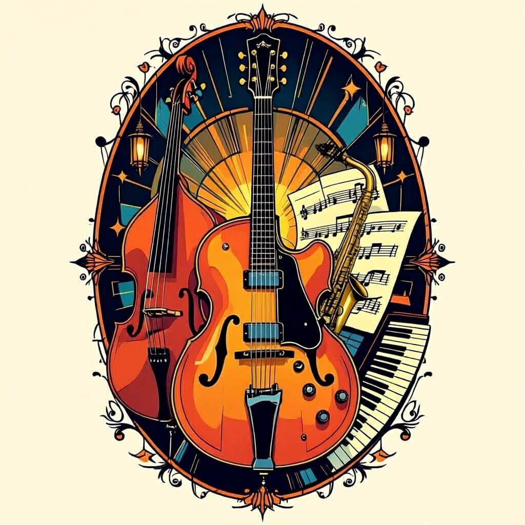 Art Deco Jazz Tattoo Design with Guitar and Double Bass