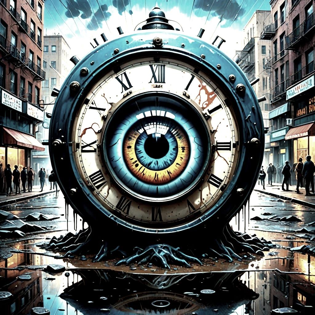 Surreal City Clock Melts with an Eyeball in a Dreamlike Scen...