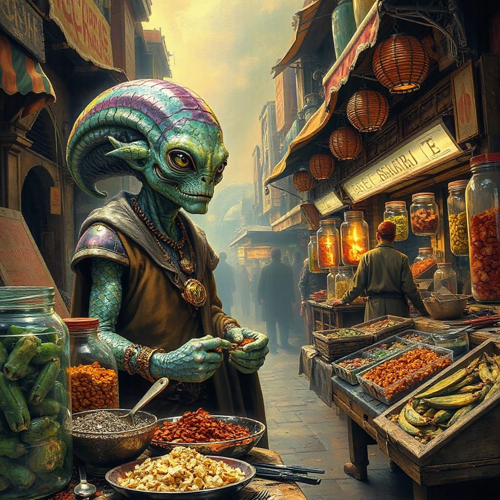 Alien Merchant in a Bustling Bazaar, Moebius Style