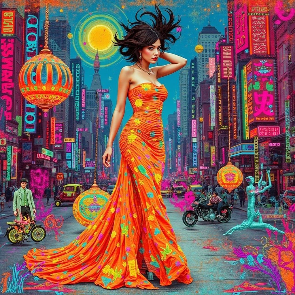 Psychedelic Woman in Surreal Glitch Landscape