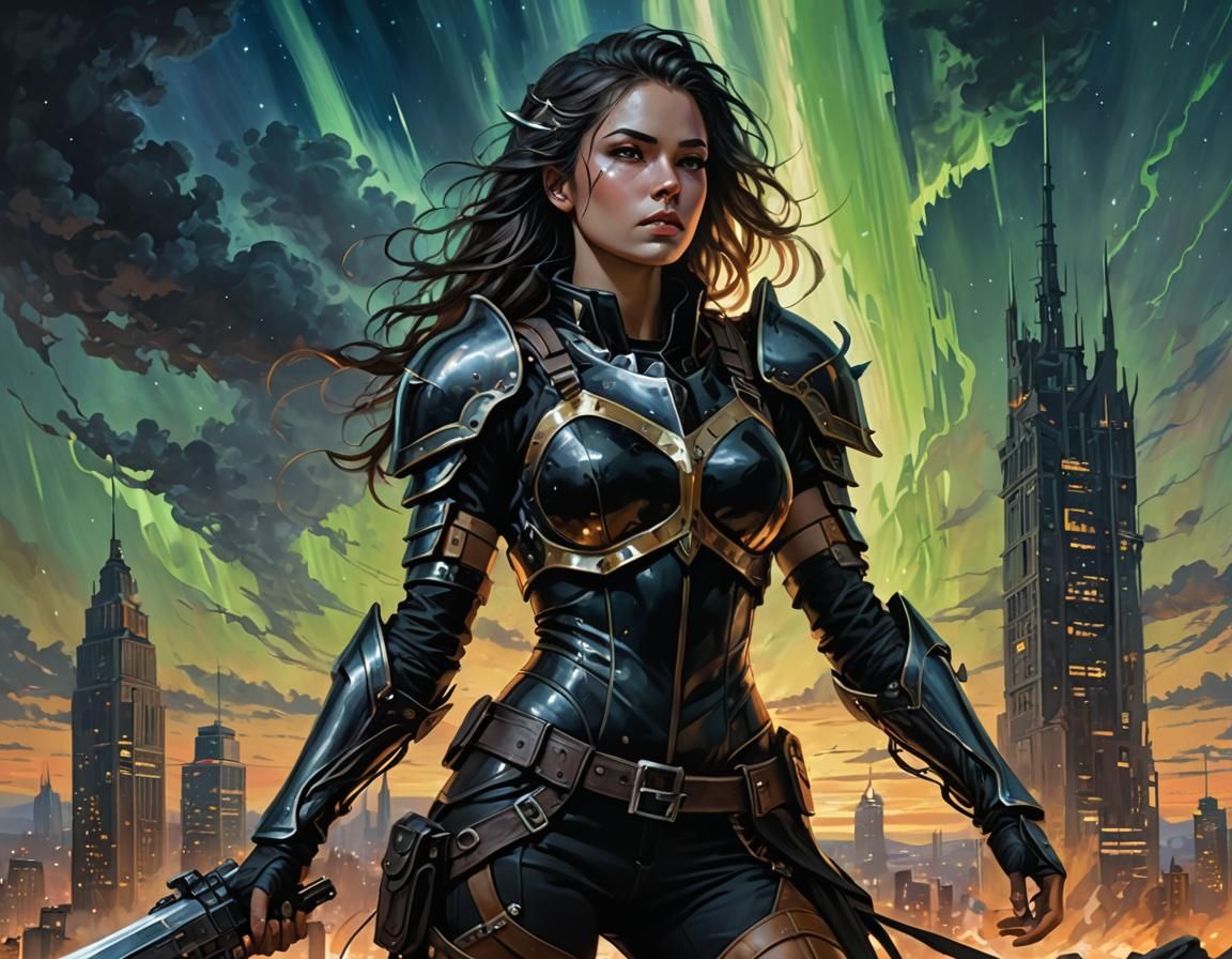 Woman in Armor in Post-Apocalyptic City
