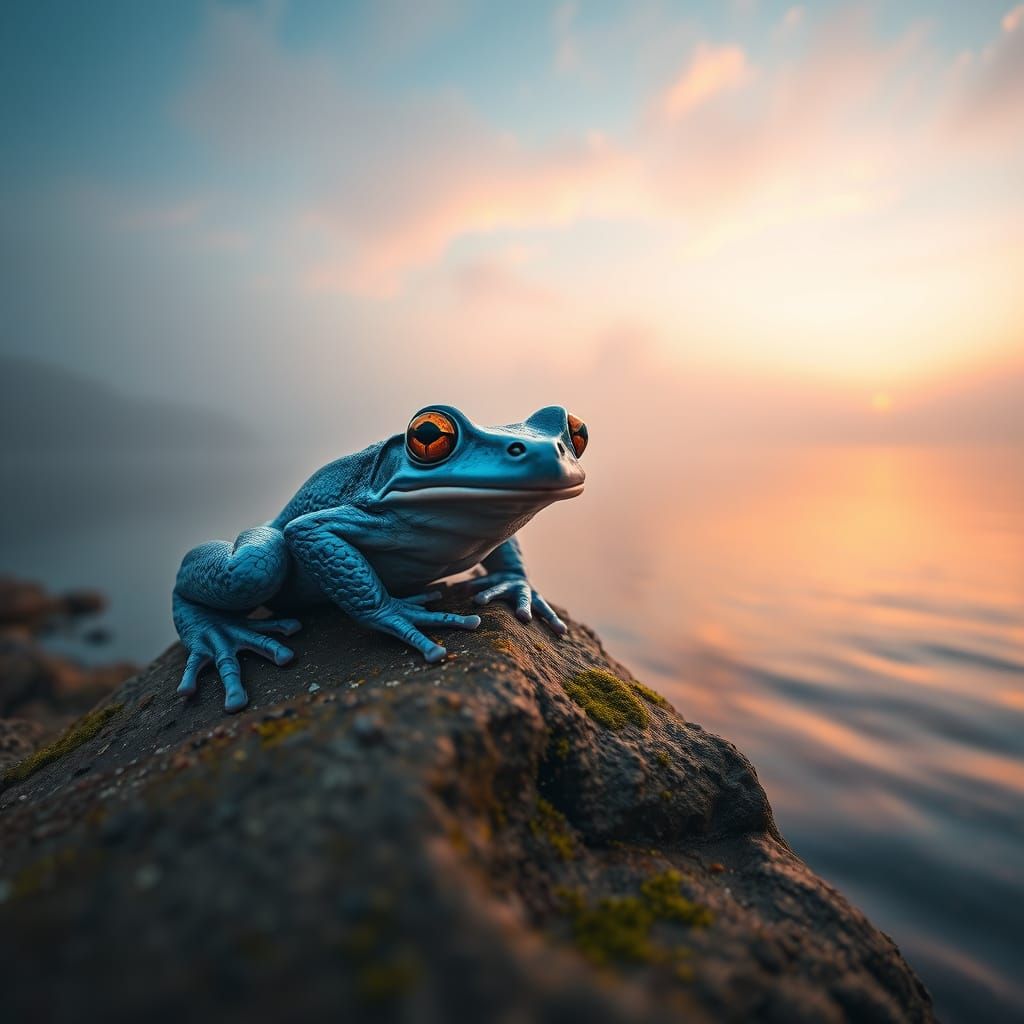 Vibrant Blue Frog Perched on Weathered Rock at Dawn