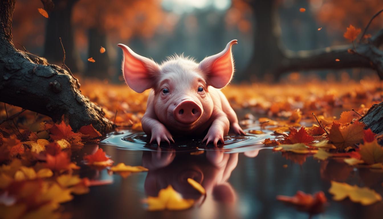 Lazy Piglet in Autumn Puddle: Matte Painting