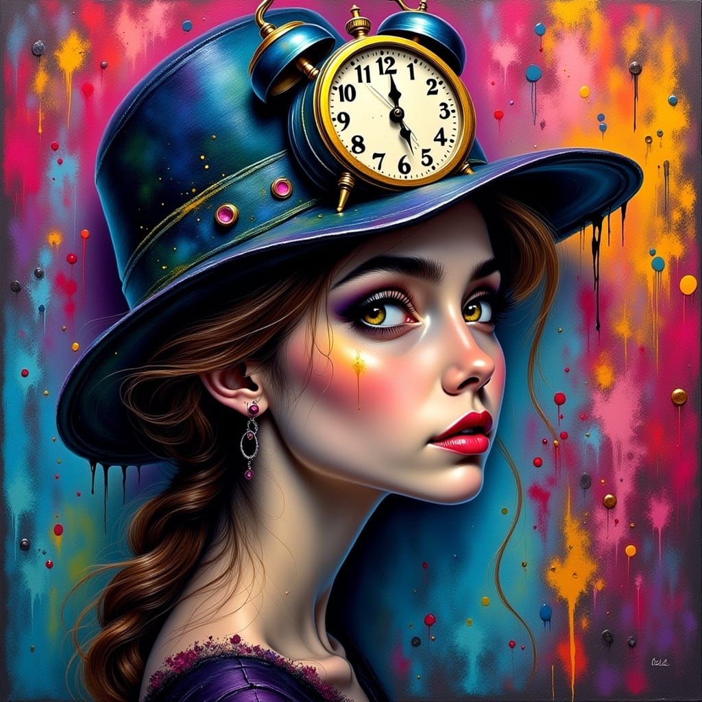 Surreal Woman With Melting Clock Against Graffiti Wall