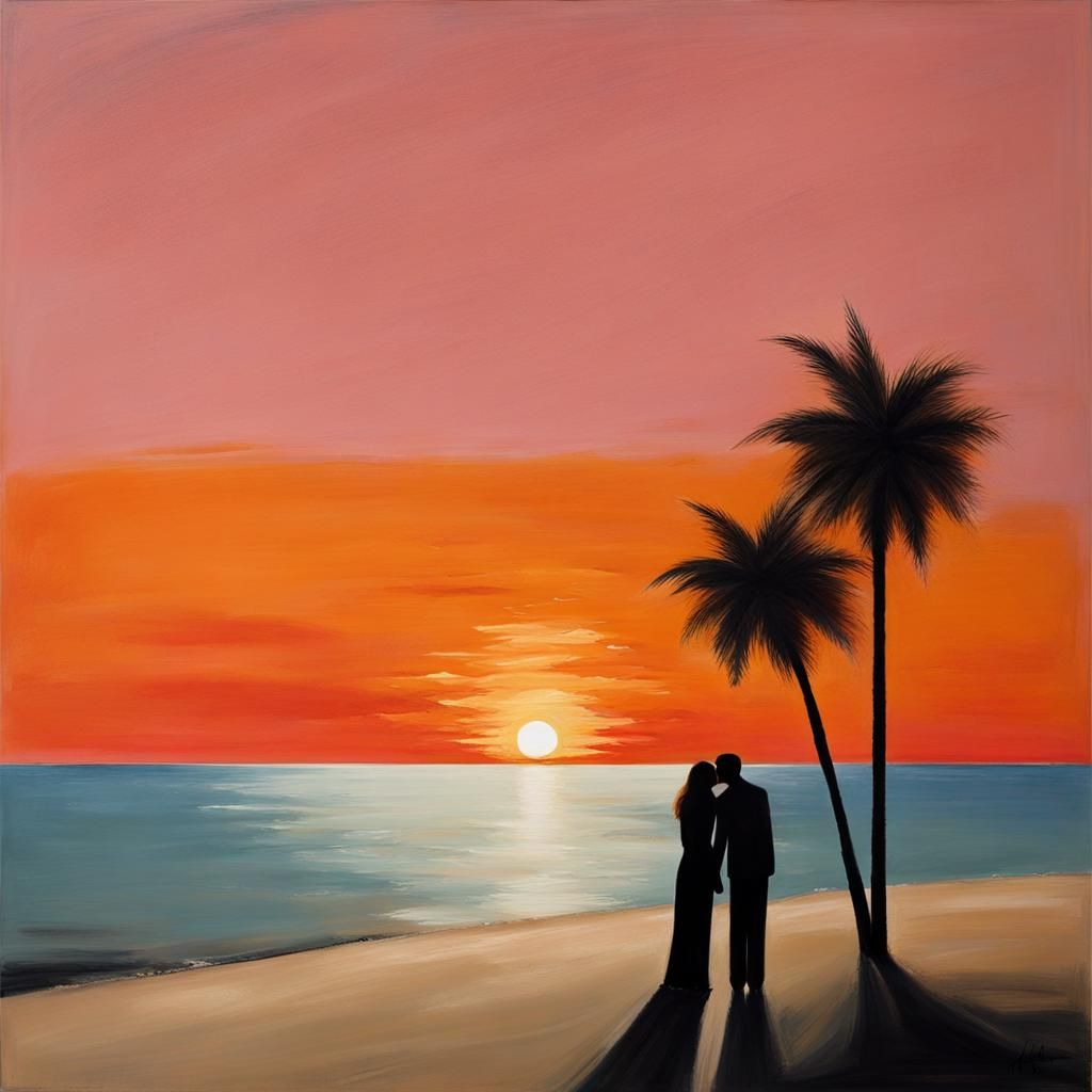 Minimalist Surreal Beach Sunset Kiss Painting