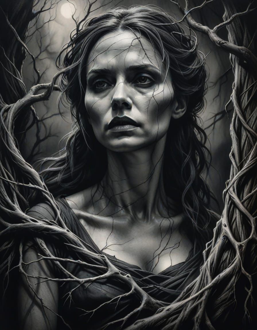 Gothic Woman in Charcoal Drawing