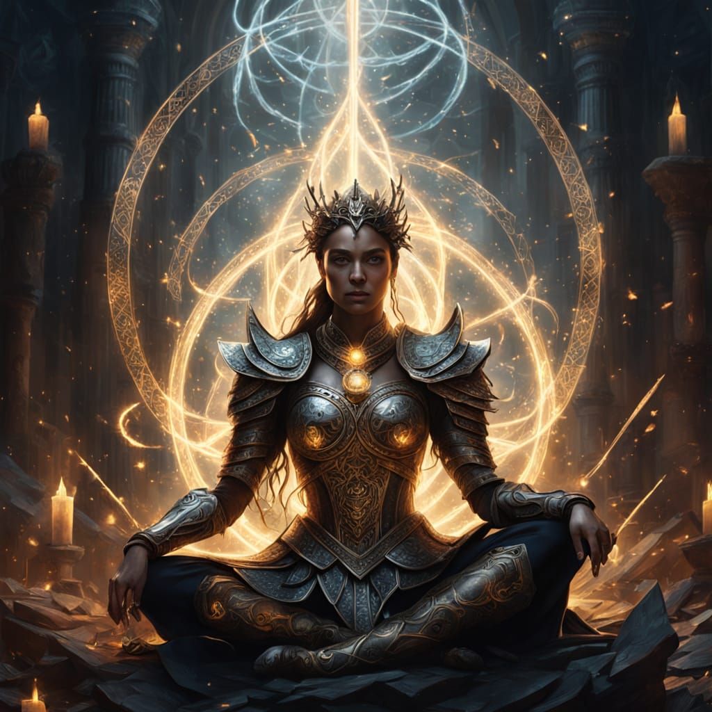 Meditative Warrior Princess in Apocalyptic Dark Fantasy Art