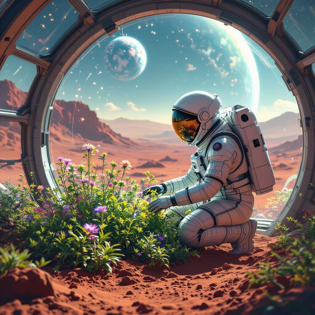 Astronaut's Martian Garden in a Sci-Fi Style