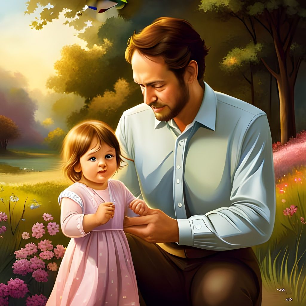 Father Teaches Baby Daughter to Walk: Hyperdetailed Art