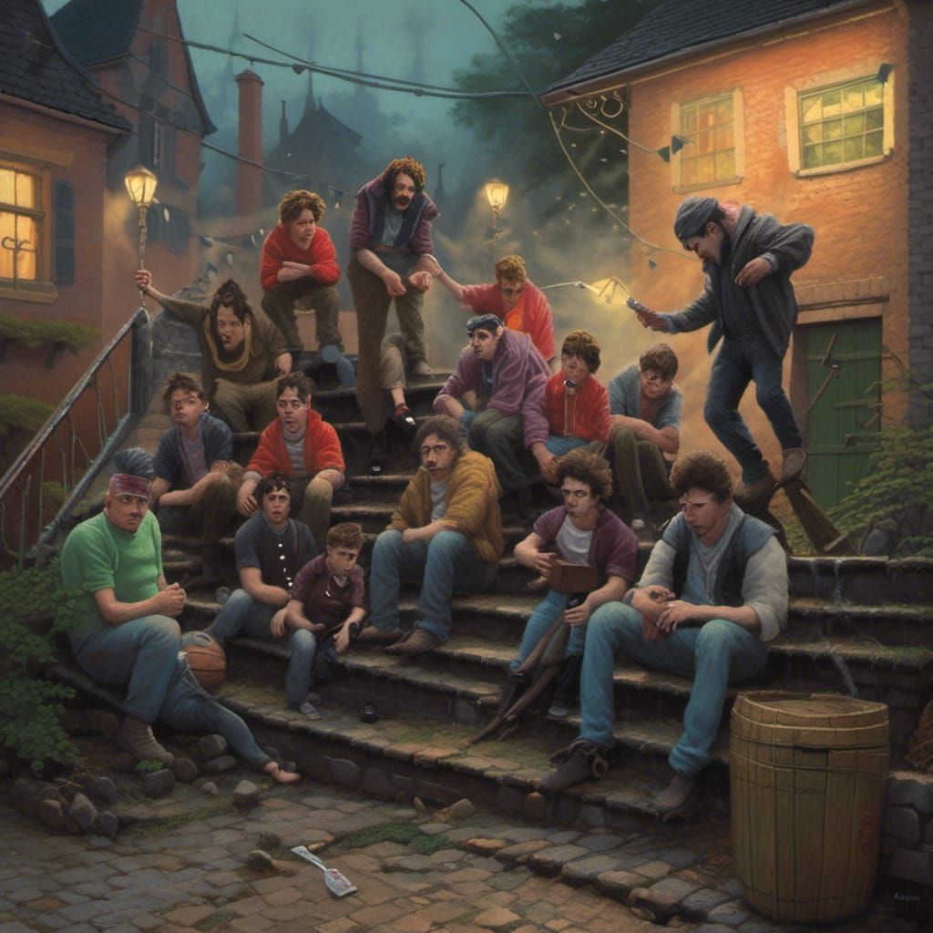 Football Hooligans in Dark, Painterly Style