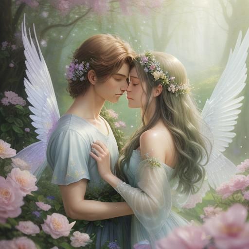 Romantic Fairy Embrace in Ethereal Garden Setting