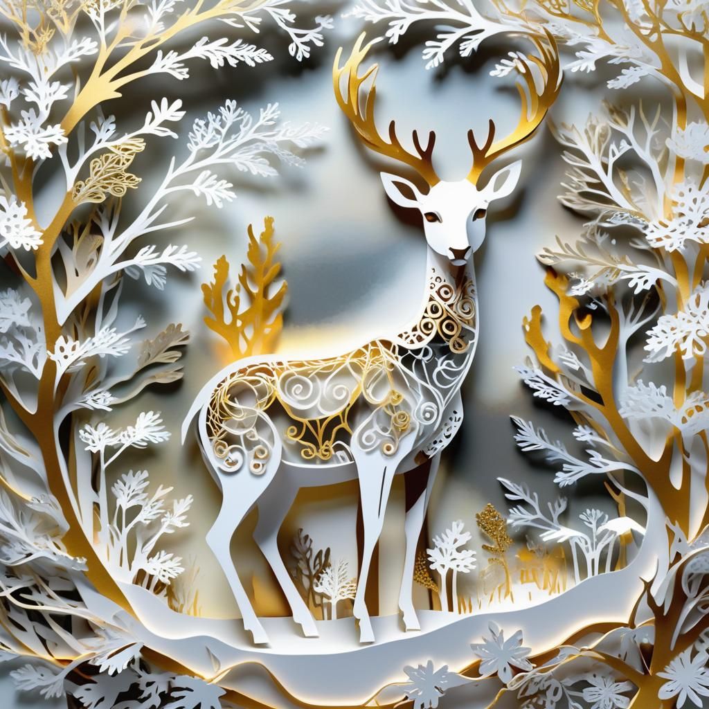 Elegant Kirigami Deer on Snowy Branch